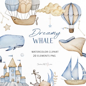 Wal Kinderzimmer Clipart | Aquarell Meerestiere | Heißluftballon Clipart | Kinderzimmer Dekor | Boho Ozean png | Unterwasserwelt | Fliegender Wal