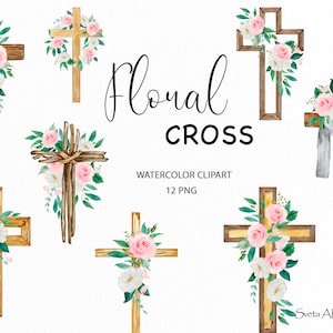 Aquarell Blumen Kreuz Clipart | Religiöses Ostern Clipart png | Taufkreuz aus Holz | Kreuz Sublimation png | Erstkommunion Baby Clipart