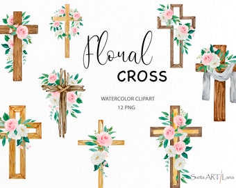 Watercolor Floral Cross Clipart | Religious Easter Clipart png | Baptism Wooden Cross | Cross Sublimation png | First Communion Baby Clipart