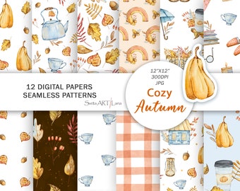 Watercolor Fall Digital Papers | Cozy Autumn Leaves Plaid Pumpkins Seamless Patterns | Thanksgiving Paper | Autumn Rainbow | Fall Background