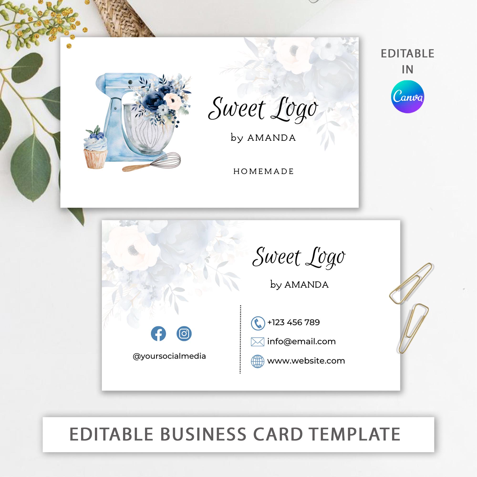Bäckerei Visitenkarte Vorlage | Benutzerdefinierte Visitenkarte bearbeitbar | Blue Mixer Visitenkarten Design | Aquarell süße Leckereien Logo | Selbstbäckerei