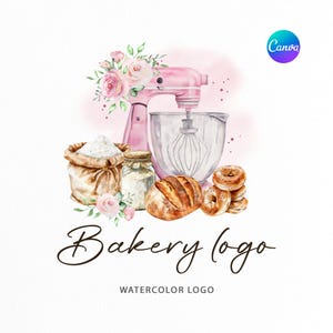 May include: Watercolor bakery logo with a pink stand mixer, glass bowl, and pink rose bouquet. A sack of flour, a jar of ingredients, bread, and doughnuts are also included. The text "Bakery logo" and "Watercolor logo" are displayed.