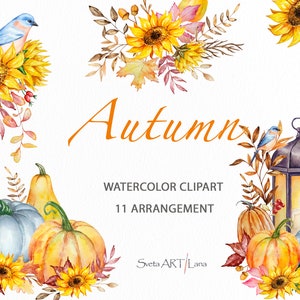 Autumn Watercolor Clipart | Fall Clipart | Pumpkin Illustration | Autumn Lantern png | Watercolor Fall Arrangement | Sunflower bouquets png