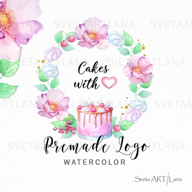 Premade Logo Pink Cake. Watercolor Bakery Logo Dessert Sweet Etsy