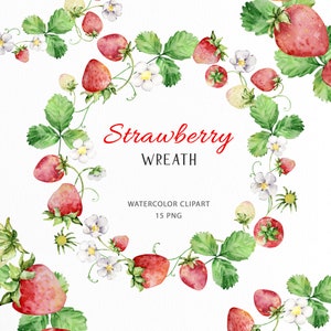 Clipart acquerello di fragole / Cornici decorative / Ghirlanda di bacche estive / Cresta di fragole / Frutta da vivaio / Cuore di fragole / Album di ritagli
