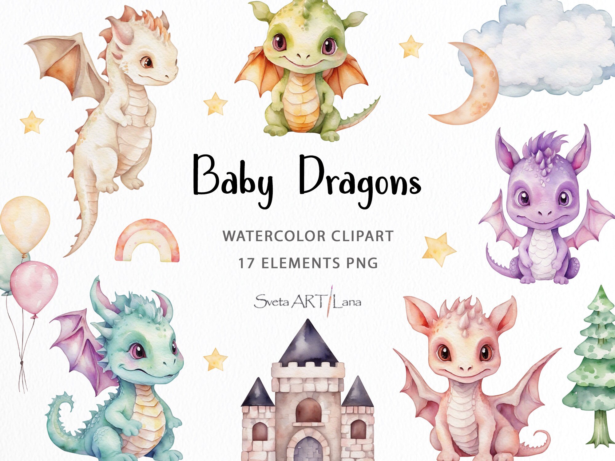 Watercolor Baby Dragons Clipart | Cute Dragon PNG | Nursery Animals ...
