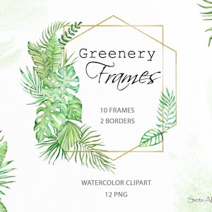 Tropische Blätter Aquarell Rahmen Clipart | Grün Clipart | Monstera Bordüren | Aquarell Palmenblatt | Bananenbaum | Geometrische Goldrahmen
