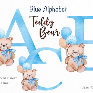Ursinho de pelúcia azul alfabeto clipart | Aquarela urso fofo alfabeto PNG | Aniversário ursinho 26 letras | Letra azul | monograma iniciais png