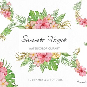Puede incluir: Conjunto de clipart de acuarela de 10 marcos y 3 bordes con hojas tropicales, flores de hibisco rosas y limones. El texto "Summer Frame" y "Watercolor Clipart" está incluido en la imagen. El texto "Sveta ART/Lana" también está incluido en la imagen.