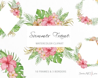 Akvarell tropiska ramar clipart | Blommig krans clipart | Tropiska blommor clipart | Akvarell sommarkant | Boho grönska dekor png