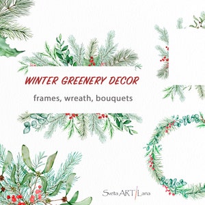 Molduras de aquarela de Natal com folhagens clipart | Buquês florais de Natal | Decoração floral de inverno | Design de convite de Natal | visco png