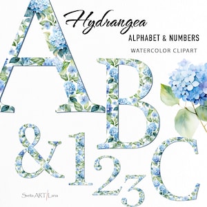 Alfabeto de hortensias en acuarela, clipart, letras azules, alfabeto floral, iniciales de monograma PNG, monograma de decoración de bodas, números de flores