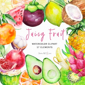 Clipart Fruits tropicaux à l'aquarelle | Fruits d'été aquarelle | Pastèque, ananas, banane, avocat | Nourriture juteuse des cliparts | Agrumes png