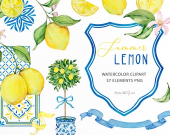Watercolor lemon clipart | Chinoiserie png | Italian Botanical summer citrus | Grandmillennial lemon crest | blue Tile | Mediterranean Lemon