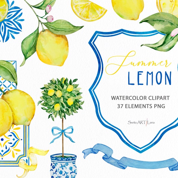 Watercolor lemon clipart | Tropical citrus png | Italian Botanical summer citrus | flowers lemon crest | blue Tile | Mediterranean Lemon