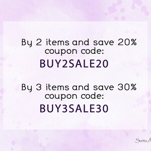 May include: A pink and purple watercolor background with a white rectangle containing text. The text reads: "By 2 items and save 20% coupon code: BUY2SALE20. By 3 items and save 30% coupon code: BUY3SALE30."