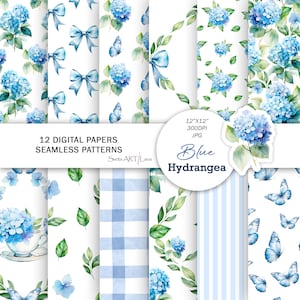 Blaue Hortensie digitale Papiere | Aquarell Blumen Musterdesign | Blaue Toile Papiere | Kokette Bogen Muster | Blaue Shabby Chic Papiere