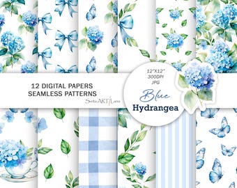 Blue Hydrangea digital papers | Watercolor Flowers seamless patterns | Blue Toile papers | Coquette Bow Patterns | Blue Shabby Chic papers