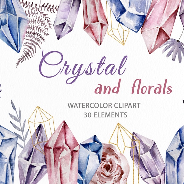 Watercolor Crystal Clipart | Boho Jewels Clipart Diamond | Watercolor Gems Bohemian Clipart | Moon Stones Clipart | Floral Celestial Mineral