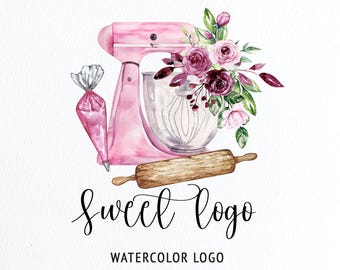 May include: Watercolor logo featuring a pink stand mixer, a piping bag, and a wooden rolling pin. A bouquet of burgundy and pink flowers and green leaves adorns the mixer. The text "Sweet Logo" and "Watercolor Logo" are written in black script.