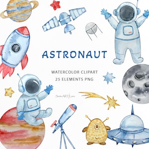Aquarell Astronaut Clipart | Space Nursery Clipart | Astronaut Raumschiff png | Rakete Clipart | Sterne und Mond PNG | Planeten Illustrationen