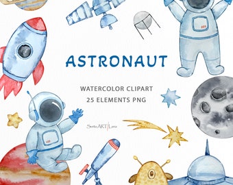 Watercolor Astronaut Clipart | Space Nursery Clipart | Astronaut Spaceship png | Rocket Clipart | Stars and Moon PNG | planet illustration