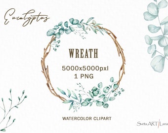 Watercolor Eucalyptus Wreath Png, Greenery wreath, wedding invitation, Floral Botanical frame PNG Leafy Clipart, modern greenery