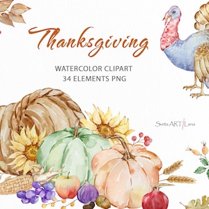 Clipart del Ringraziamento ad acquerello / PNG del tacchino per le feste / Raccolto autunnale / Zucca ad acquerello / Grafica autunnale / Ringraziamento stampabile in formato PNG