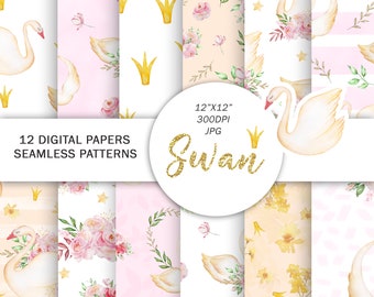 Nursery Swans digital paper | Watercolor Swan seamless pattern | Valentine Digital Background | Romantic Cards | White swan digital paper