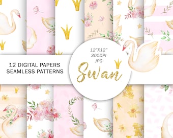Watercolor Swans digital papers | Nursery Swan seamless patterns | Valentine Digital Background | Romantic Cards | White swan digital papers
