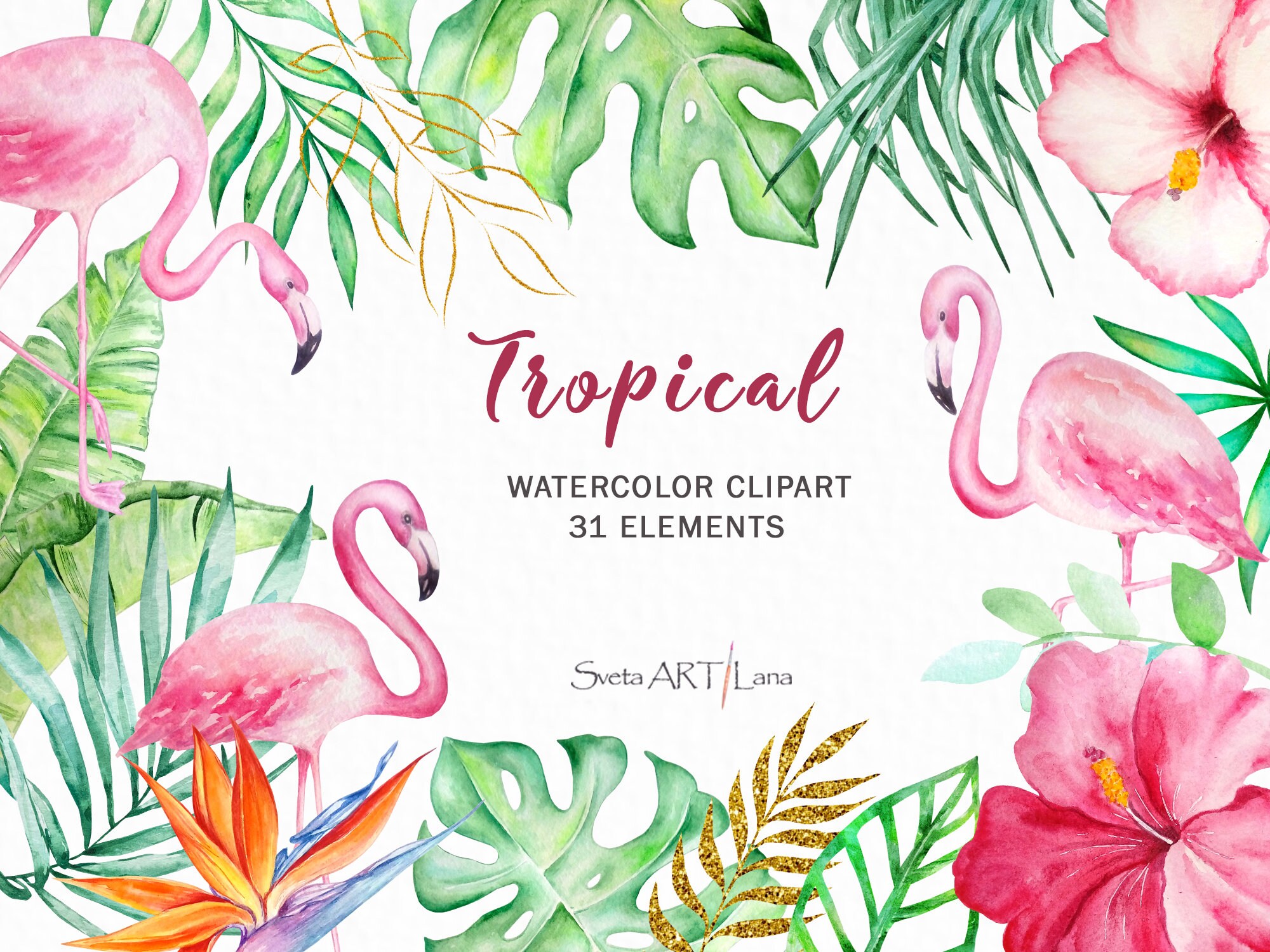 Tropical Watercolor Clipart | Pink Flamingo Watercolor Clipart | Tropical Leaves and Flowers PNG | Floral Greenery | Jungle summer design