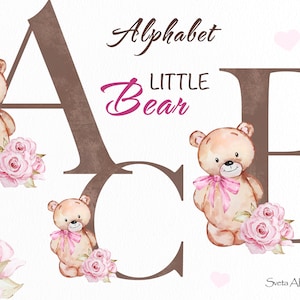 Teddy Bear Alphabet Clipart | Watercolor Cute Bear Alphabet PNG | Nursery Little Bear 26 Letters png | Brown Letter | monogram initials PNG