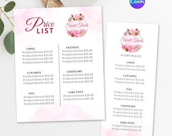 Könnte beinhalten: Eine rosa und weiße Preisliste für eine Bäckerei namens "Sweet Treats". Die Liste umfasst Kuchen, Cupcakes, Torten, Cake Pops, Gebäck und Cheesecakes. Jeder Artikel ist mit einem Preis von 25,00 € aufgeführt.