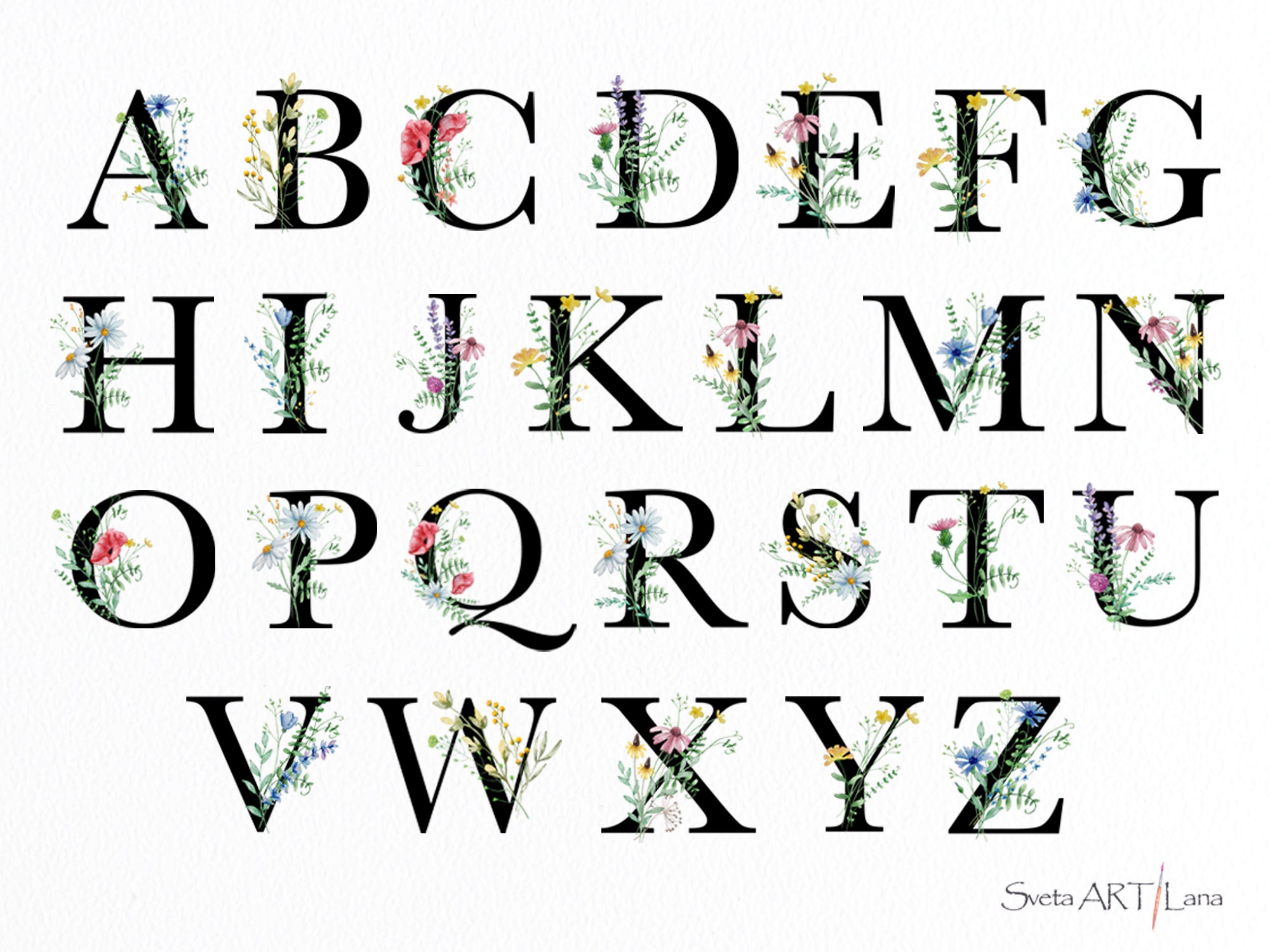 Wildflowers Alphabet | Boho Letters | Watercolor Summer Floral Alphabet ...