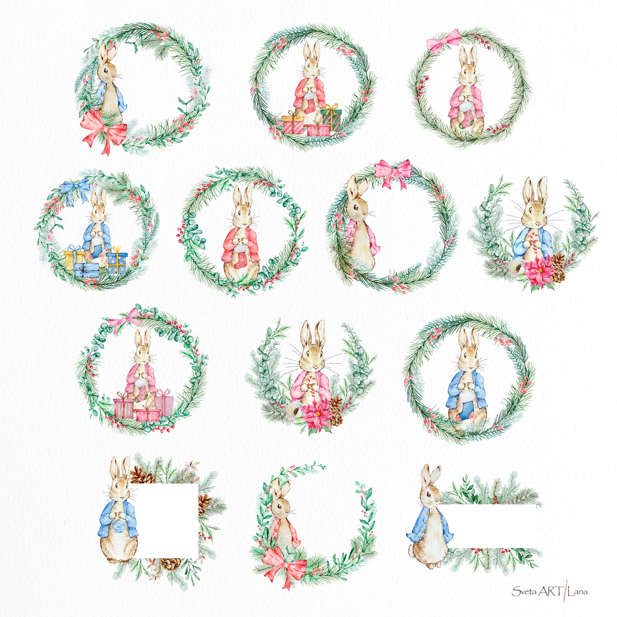 Peter Rabbit Christmas Frames Clipart | Watercolor Winter Wreath Rabbit ...