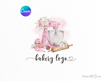 Bakery Pink Mixer Watercolor Logo | Sweet Business logo | Editable Template Premade Logo Mixer | Custom Baking logo | Strawberry Logo