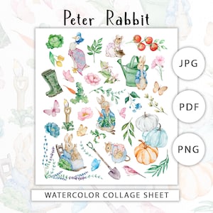 Peter Rabbit Garten Collage Blatt | Aquarell Tier | Beatrix Potter Kunstbilder | Niedliche Hasensublimation | Kinderzimmer Baby Druck | Bauernhaus