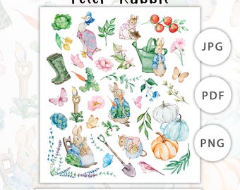 Peter Rabbit Garden Collage Sheet | Watercolor Animal | Beatrix Potter art images | Cute bunny sublimation | nursery baby print | WPRC78