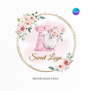 Baking Logo Pink Mixer | Watercolor Premade Bakery Logo | Dessert Sweet Chef Logo Design | Business custom logo | Pastry Logo | Home Bakery