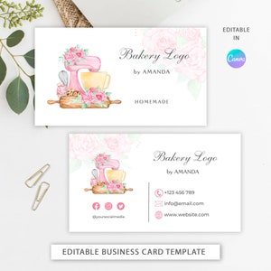 Modello di biglietto da visita per panetteria / Biglietto da visita con mixer rosa acquerello modificabile / Design personalizzato per biglietti da visita / Biglietto da visita per panetteria domestica