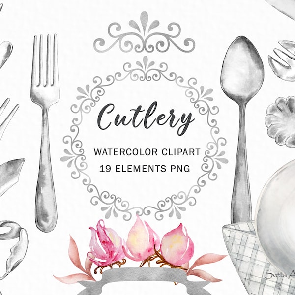 Watercolor Dinnerware & Floral Decor. Cutlery Silverware | Knife Fork Spoon Plate | Wedding ClipArt | Gray table setting | kitchen utensils