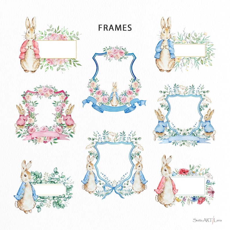 Clipart Peter Rabbit | Aquarel bloemen konijn png | Beatrix Potter-kunstafbeeldingen | Schattige konijntjeslijst | Bloemenlijst babykamer | WPRC78 afbeelding 2