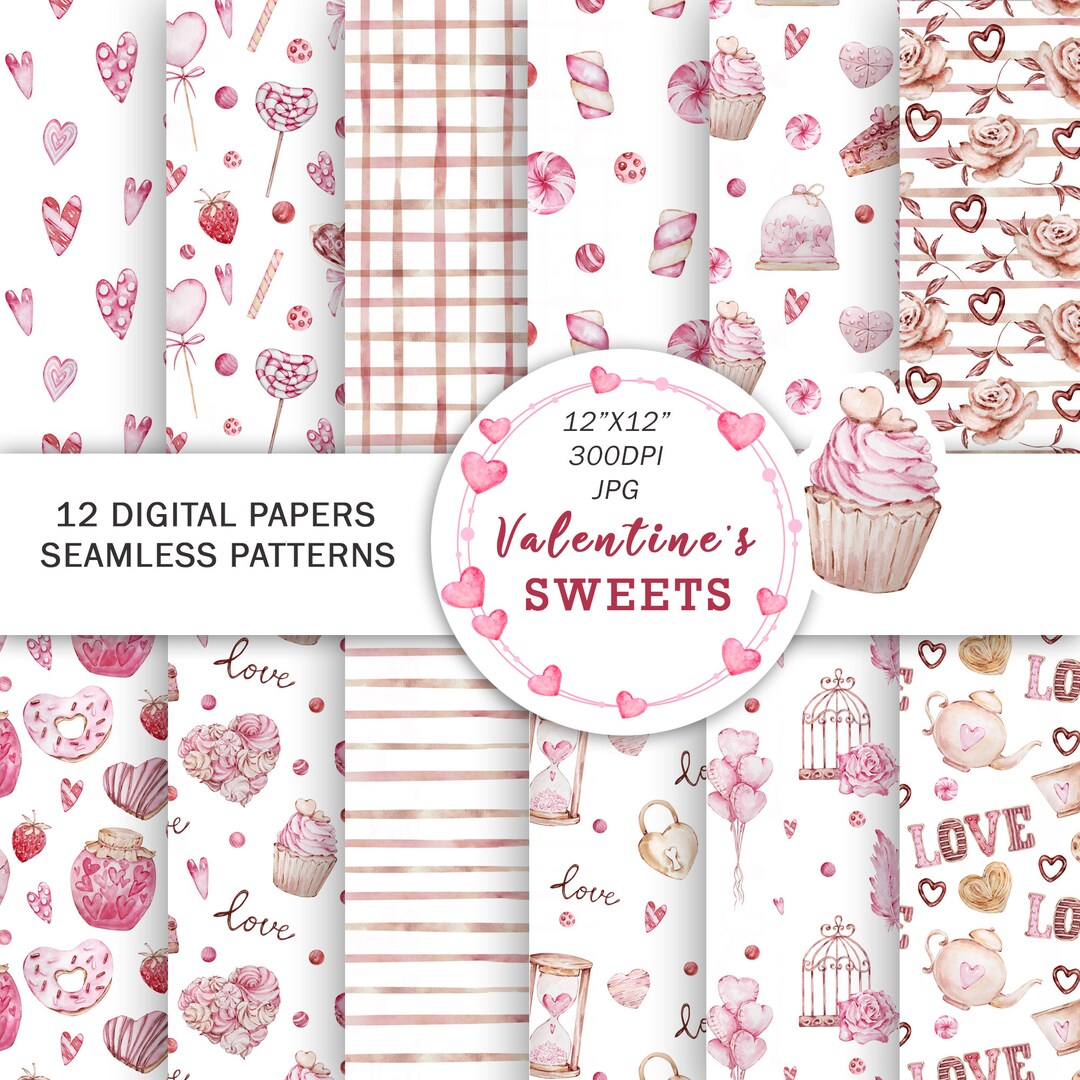 Watercolor Valentines Day Digital Papers | Valentines Sweets Patterns ...