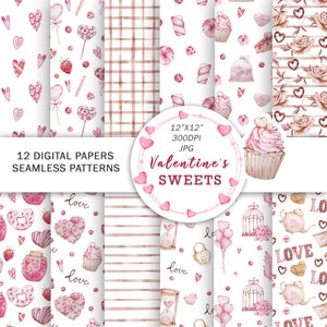 Watercolor Valentines Day Digital Papers | Valentines sweets patterns | Love seamless patterns | Romantic papers | Cute pink hearts papers