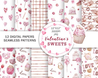 Watercolor Valentines Day Digital Papers | Valentines sweets pattern | Love seamless pattern | Romantic paper | Cute pink hearts paper