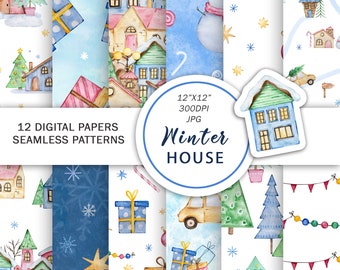 Watercolor Christmas House Digital Paper, Christmas seamless pattern, watercolor farmhouse, christmas trees, winter city map