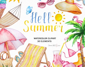 Watercolor Summer Clipart | Beach Clipart | tropical design png | Seasonal Download | Holiday Pool Party set | summer vibes | travel clipart