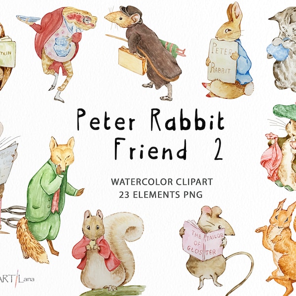 Peter Rabbit Friends Clipart | Watercolor Animal PNG | Beatrix Potter art images | Cute bunny illustration | nursery baby shower design
