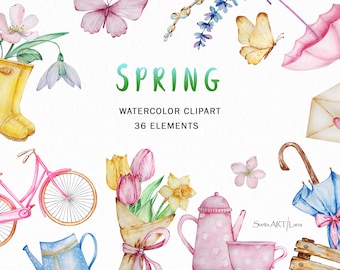 Watercolor Spring Time Clipart | Spring Flowers png | Farmhouse clipart | Spring Garden Illustration | Easter Floral | Tulip, Daffodils png