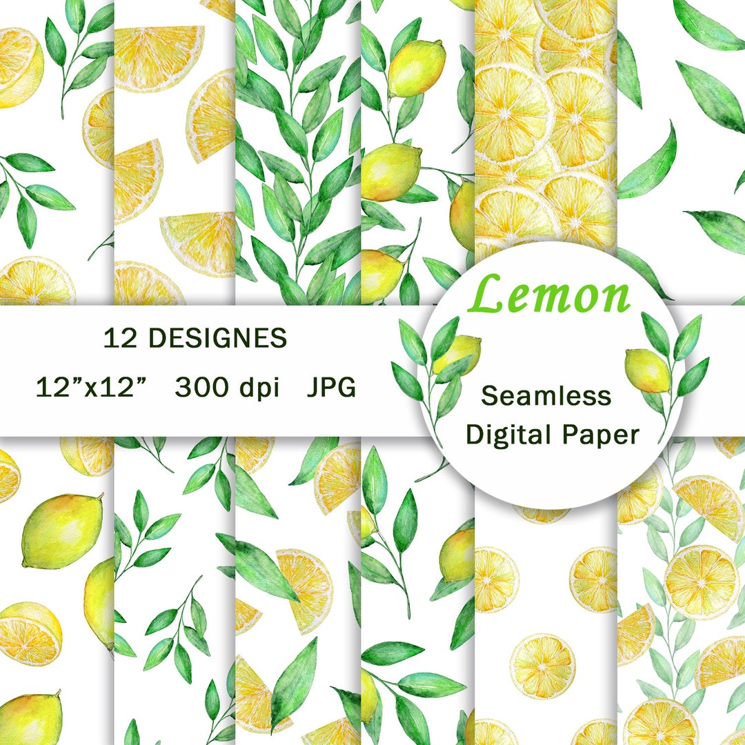Watercolor Lemons Digital Papers | Citrus Seamless Pattern | Yellow ...